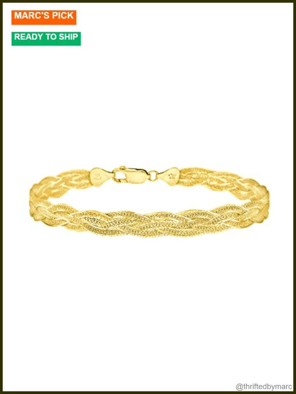 925 Sterling Silver 18K Gold Plated Braided Herringbone Bracelet 7.5 Inch Made